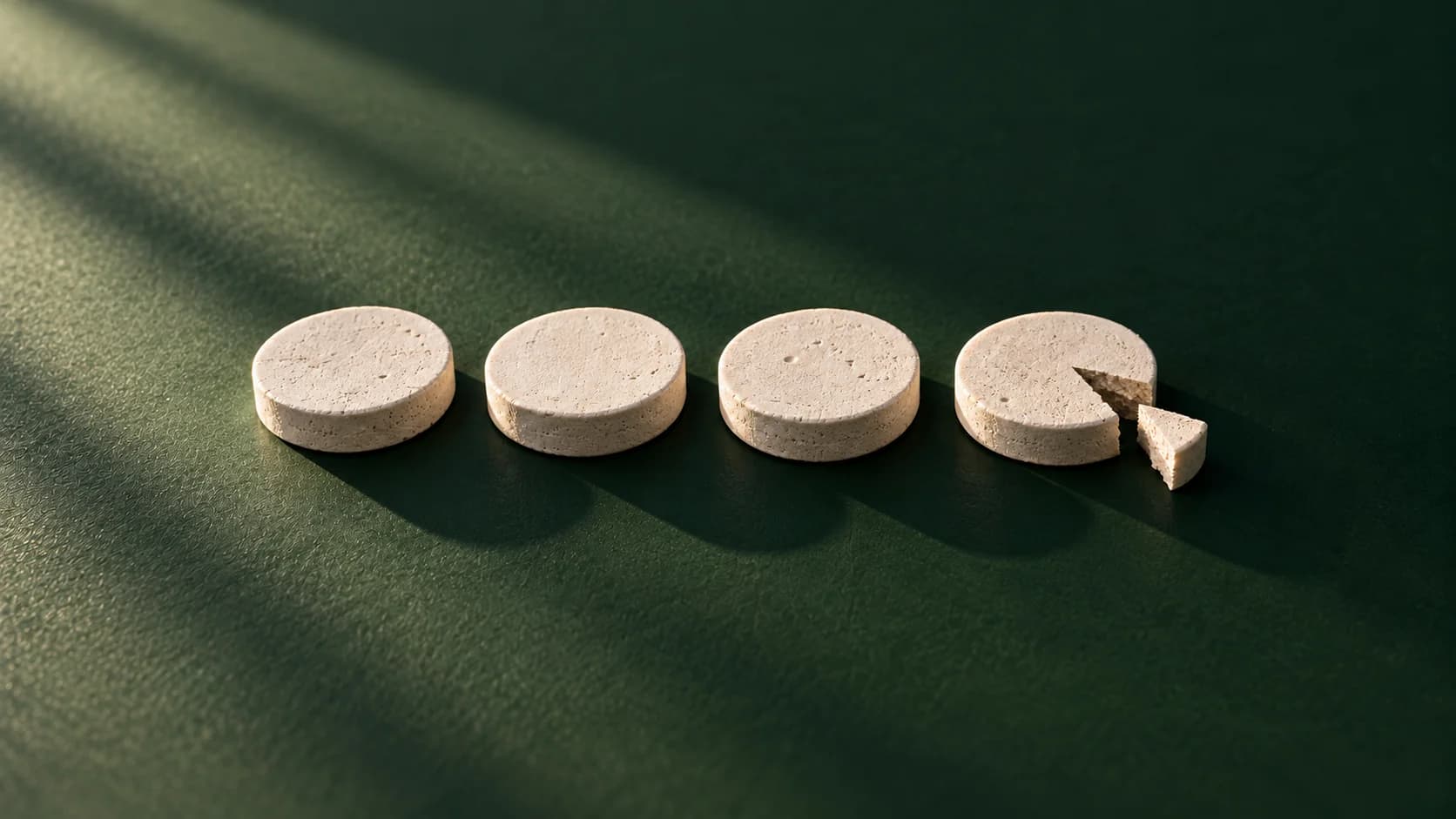 Illustrative photograph of four pale circular samples on a dark green surface, one with a broken wedge beside it