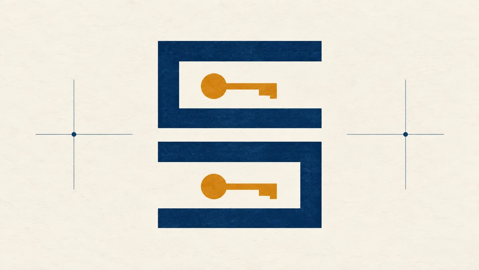 Editorial illustration of two blue frames opening in opposite directions, each containing the same amber key pointing right