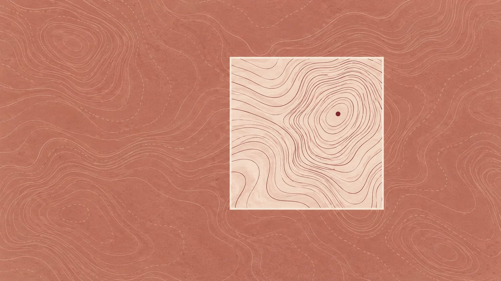 Illustrative terracotta contour map with a pale rectangular window, dark curved lines and a burgundy marker