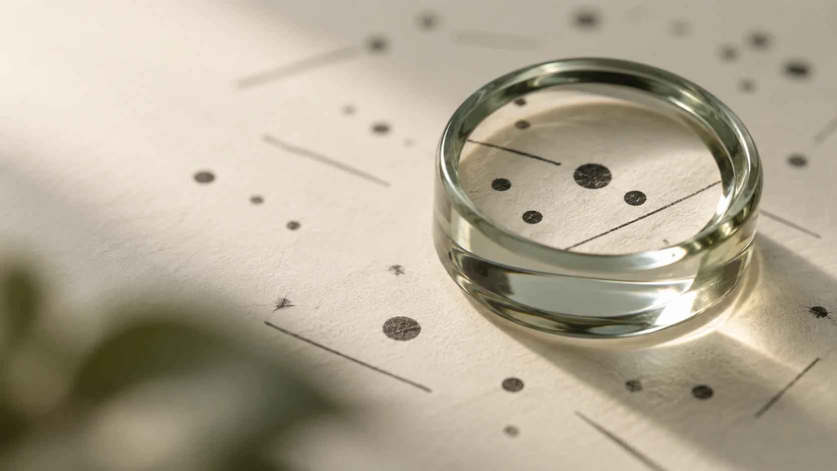 A clear glass lens brings dots and lines on cream paper into focus while surrounding marks blur