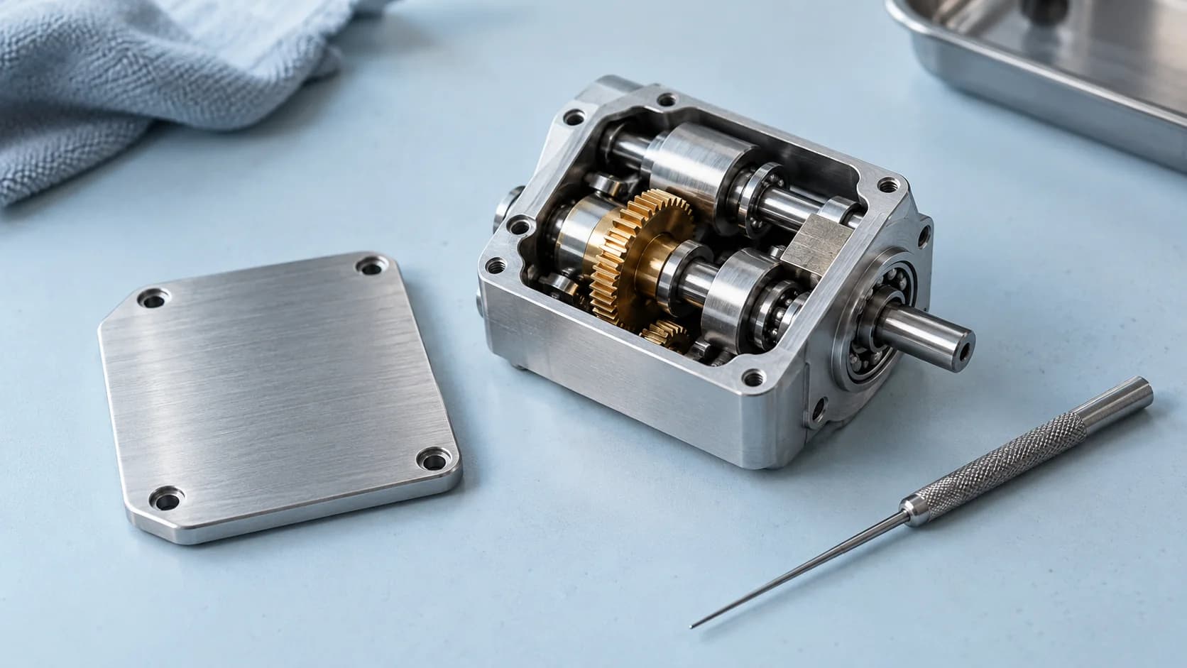 Illustrative photograph of an open silver mechanism with a brass gear, detached cover and inspection probe on a pale blue surface