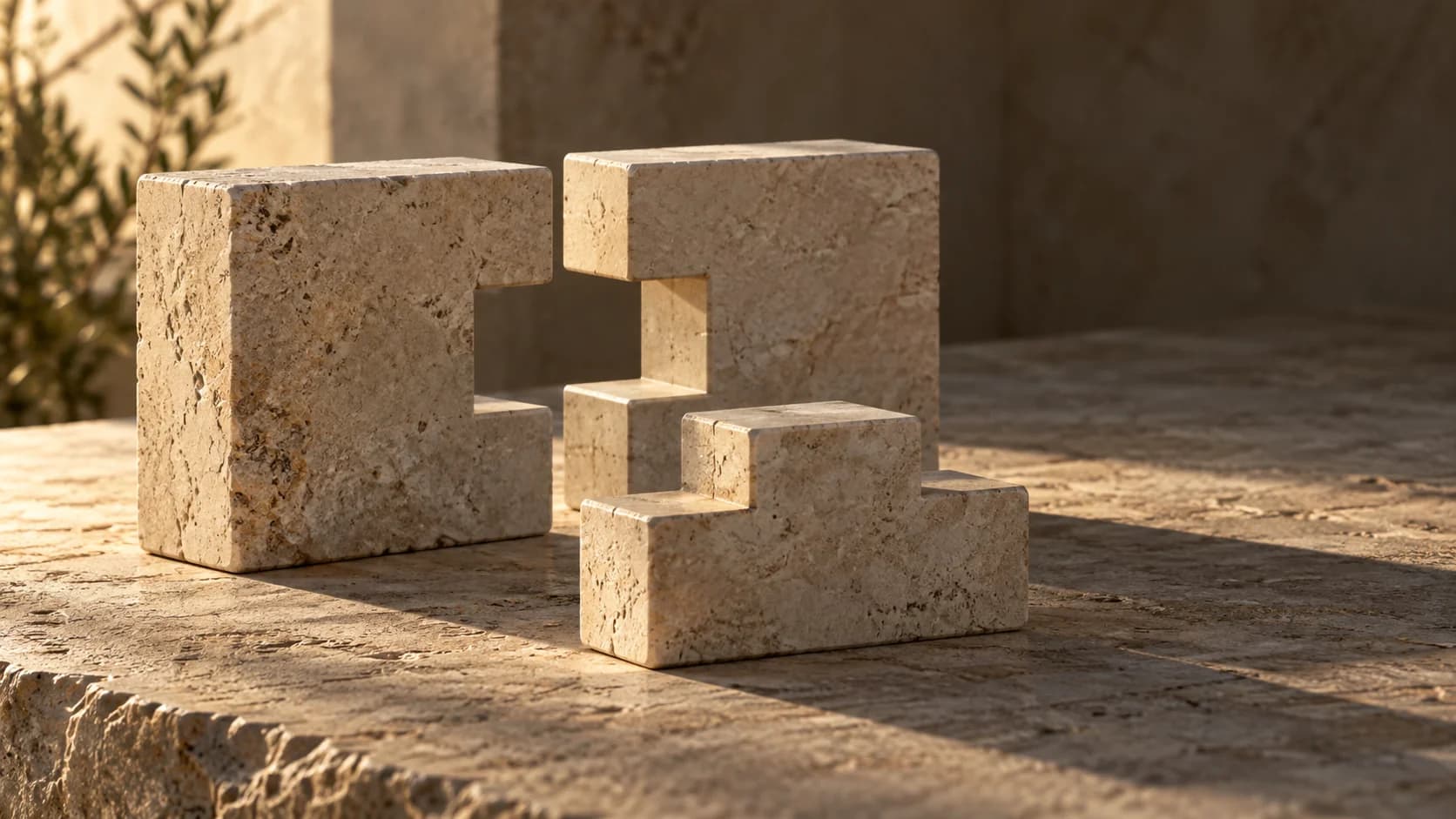 Limestone blocks with matching cutouts and a separate fitted piece on a sunlit surface