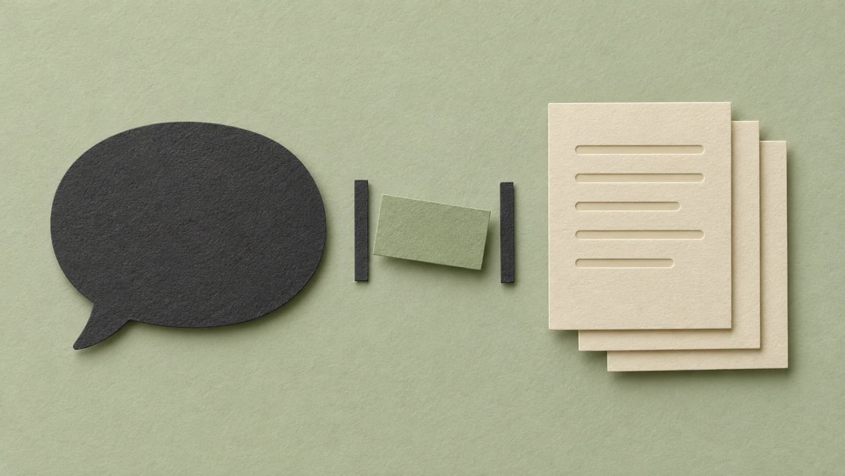 A dark paper speech bubble and cream record sheets flank a sage slip between two handover marks