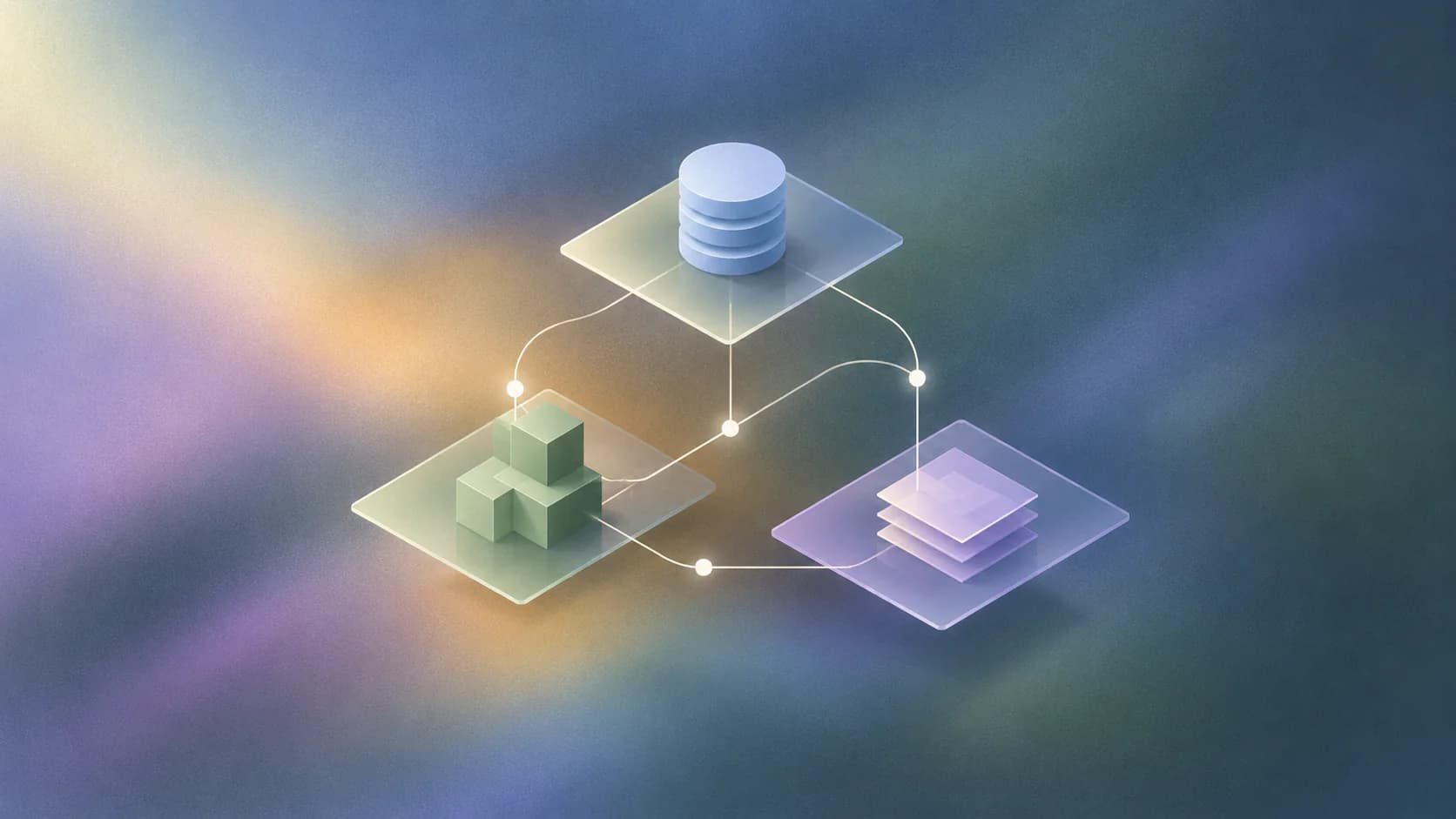 Editorial illustration of three layered business systems linked by a shared path